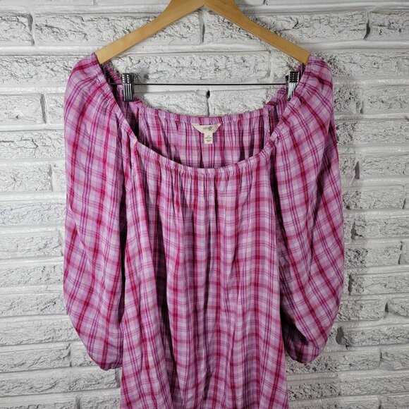 Terra Sky Womens Top 2X Plus Peasant Pink Plaid On Off Shoulder PLA114E - Picture 3 of 8